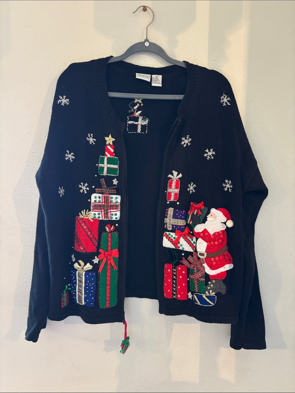 Vintage Festive Black Holiday Cardigan with Santa and Presents